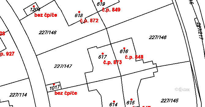 Švermov 873, Kladno na parcele st. 617 v KÚ Hnidousy, Katastrální mapa