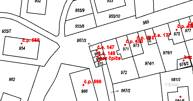 Hrádek nad Nisou 147 na parcele st. 968 v KÚ Hrádek nad Nisou, Katastrální mapa