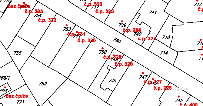 Kosmonosy 329 na parcele st. 750 v KÚ Kosmonosy, Katastrální mapa