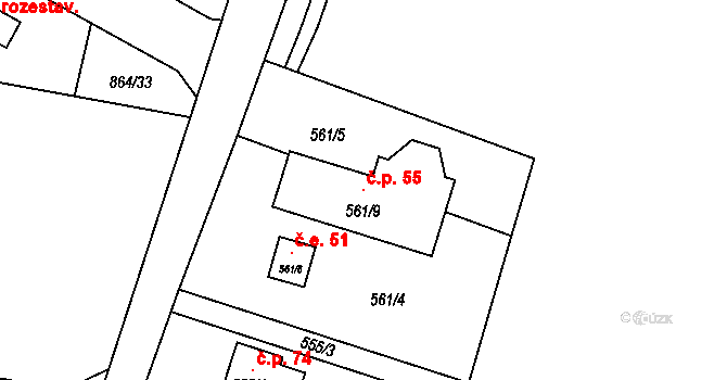 Černý Dub 55, Homole na parcele st. 561/9 v KÚ Homole, Katastrální mapa
