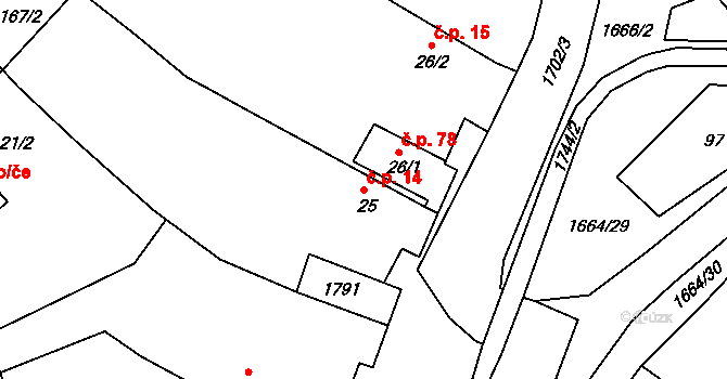 Měrunice 14 na parcele st. 25 v KÚ Měrunice, Katastrální mapa