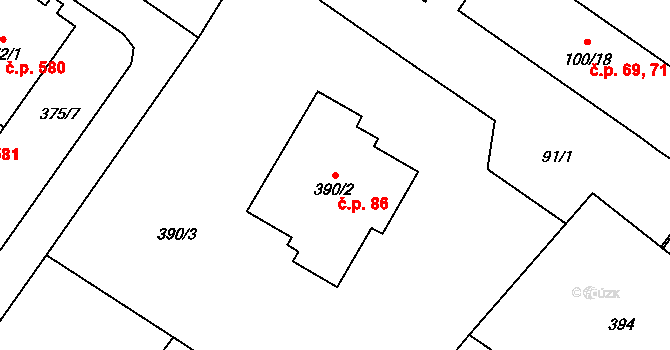 Jablunkov 86 na parcele st. 390/2 v KÚ Jablunkov, Katastrální mapa