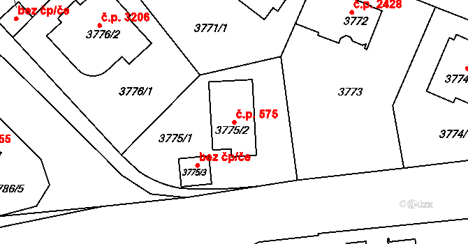 Smíchov 575, Praha na parcele st. 3775/2 v KÚ Smíchov, Katastrální mapa