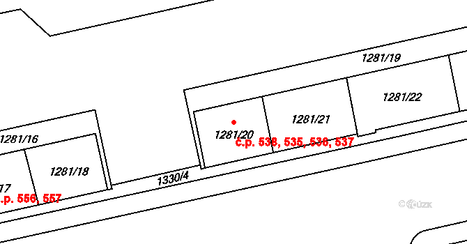 Vokovice 535,536,537,538, Praha na parcele st. 1281/20 v KÚ Vokovice, Katastrální mapa
