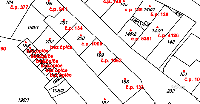 Chomutov 1062 na parcele st. 199 v KÚ Chomutov I, Katastrální mapa