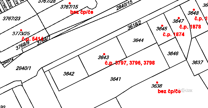 Chomutov 3796,3797,3798 na parcele st. 3643 v KÚ Chomutov I, Katastrální mapa