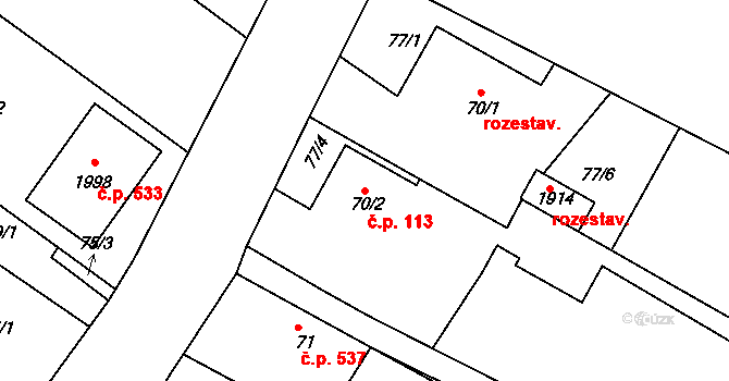Pouchov 113, Hradec Králové na parcele st. 70/2 v KÚ Pouchov, Katastrální mapa