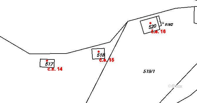 Kanice 15 na parcele st. 518 v KÚ Kanice, Katastrální mapa