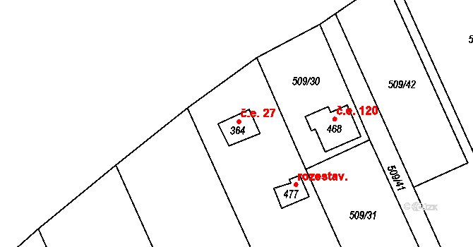 Koloděje nad Lužnicí 27, Týn nad Vltavou na parcele st. 364 v KÚ Koloděje nad Lužnicí, Katastrální mapa