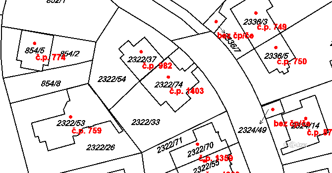 Hostivař 1403, Praha na parcele st. 2322/74 v KÚ Hostivař, Katastrální mapa