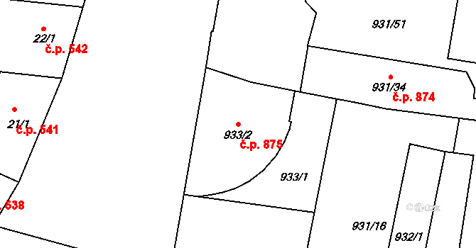 Zábrdovice 875, Brno na parcele st. 933/2 v KÚ Zábrdovice, Katastrální mapa