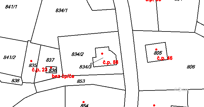 Neřežín 56, Chaloupky na parcele st. 834/3 v KÚ Chaloupky, Katastrální mapa