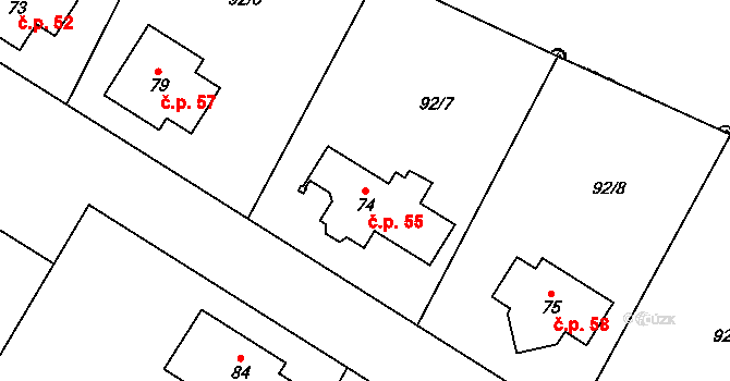 Střelice 55 na parcele st. 74 v KÚ Střelice, Katastrální mapa
