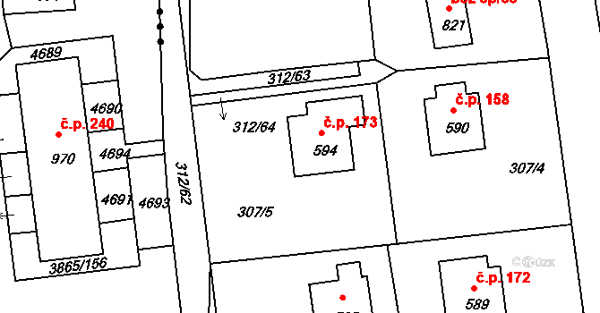 Krhanice 173 na parcele st. 594 v KÚ Krhanice, Katastrální mapa