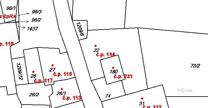 Horní Bory 114, Bory na parcele st. 22 v KÚ Horní Bory, Katastrální mapa