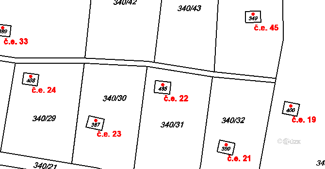 Březůvky 22 na parcele st. 485 v KÚ Březůvky, Katastrální mapa