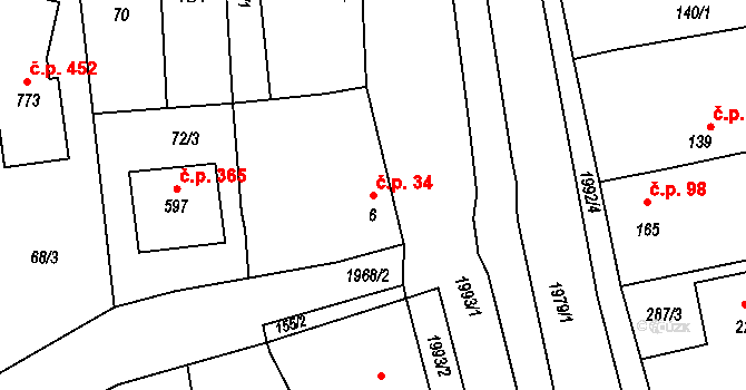 Louky 34, Zlín na parcele st. 6 v KÚ Louky nad Dřevnicí, Katastrální mapa