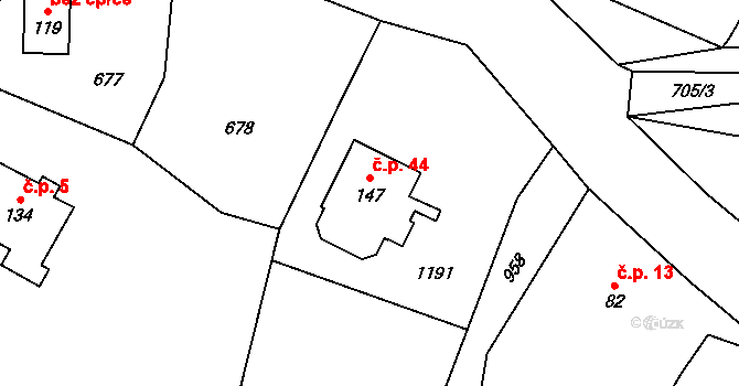 Slavíkov 44, Horní Radechová na parcele st. 147 v KÚ Slavíkov u Náchoda, Katastrální mapa
