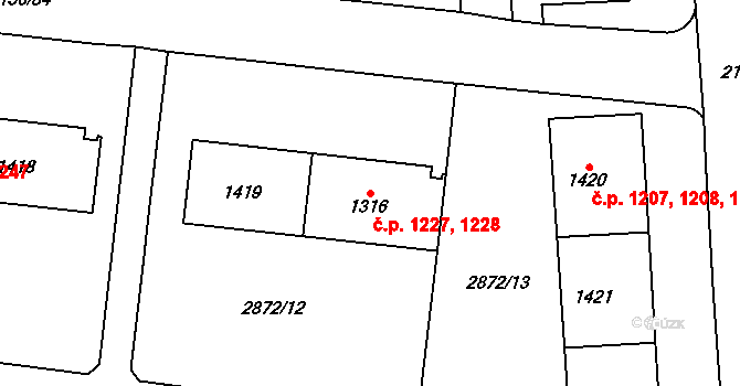 Choceň 1227,1228 na parcele st. 1316 v KÚ Choceň, Katastrální mapa