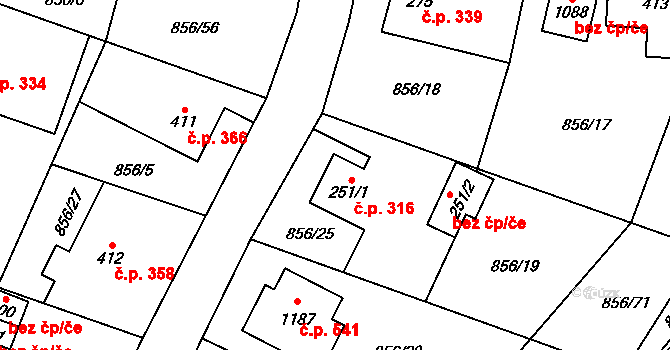 Hanušovice 316 na parcele st. 251/1 v KÚ Hanušovice, Katastrální mapa