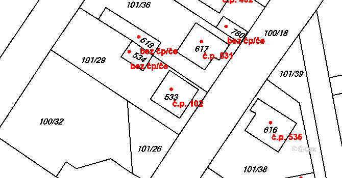 Rudná 102 na parcele st. 533 v KÚ Dušníky u Rudné, Katastrální mapa