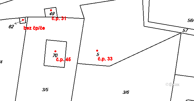 Miskolezy 33, Chvalkovice na parcele st. 5 v KÚ Miskolezy, Katastrální mapa