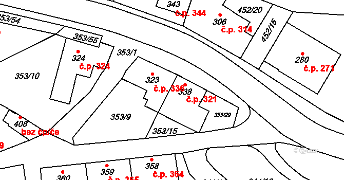 Lysice 321 na parcele st. 338 v KÚ Lysice, Katastrální mapa