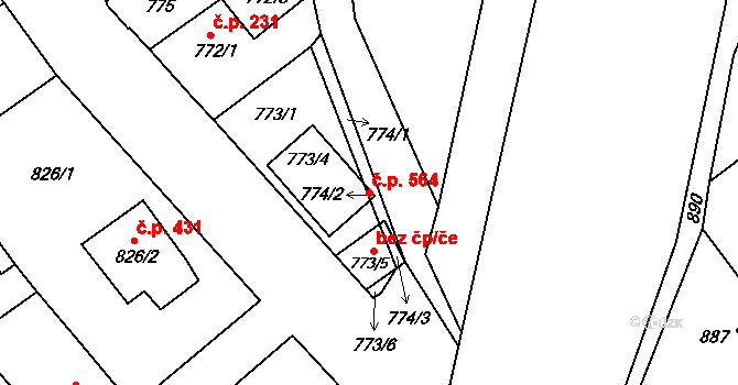 Novosedlice 564 na parcele st. 773/4 v KÚ Novosedlice, Katastrální mapa