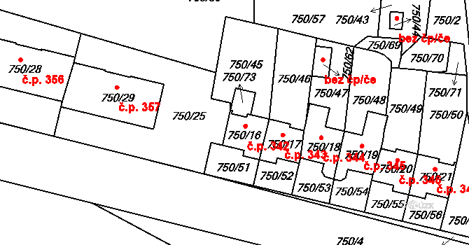 Zruč 342, Zruč-Senec na parcele st. 750/16 v KÚ Zruč, Katastrální mapa