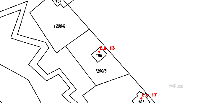 Hybrálec 13 na parcele st. 166 v KÚ Hybrálec, Katastrální mapa