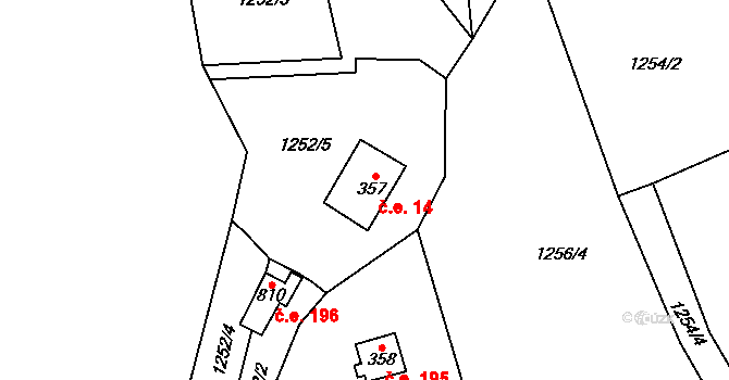 Hrusice 14 na parcele st. 357 v KÚ Hrusice, Katastrální mapa