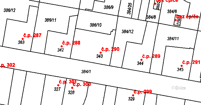 Smiřice 290 na parcele st. 343 v KÚ Smiřice, Katastrální mapa