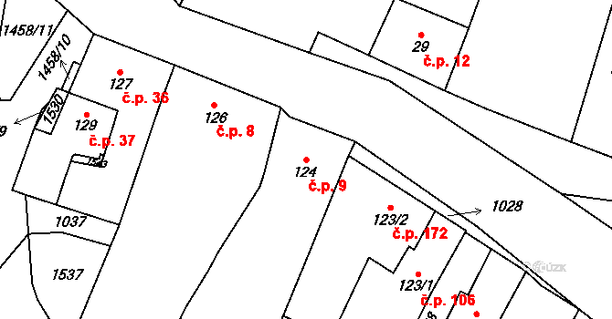 Panenský Týnec 9 na parcele st. 124 v KÚ Panenský Týnec, Katastrální mapa