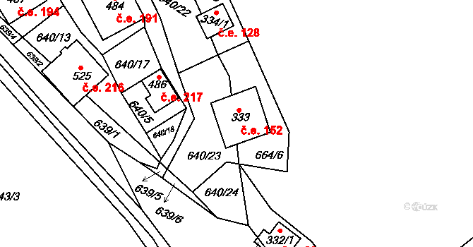 Častonice 152, Křivoklát na parcele st. 333 v KÚ Křivoklát, Katastrální mapa