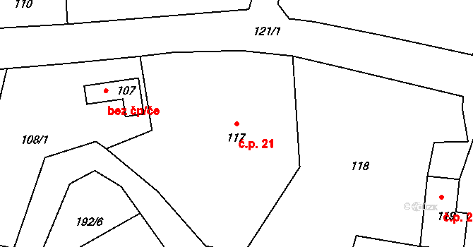 Písečná 21, Česká Lípa na parcele st. 117 v KÚ Písečná u Dobranova, Katastrální mapa