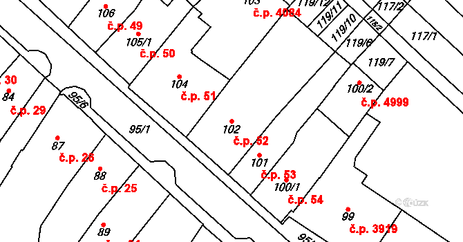 Chomutov 52 na parcele st. 102 v KÚ Chomutov I, Katastrální mapa