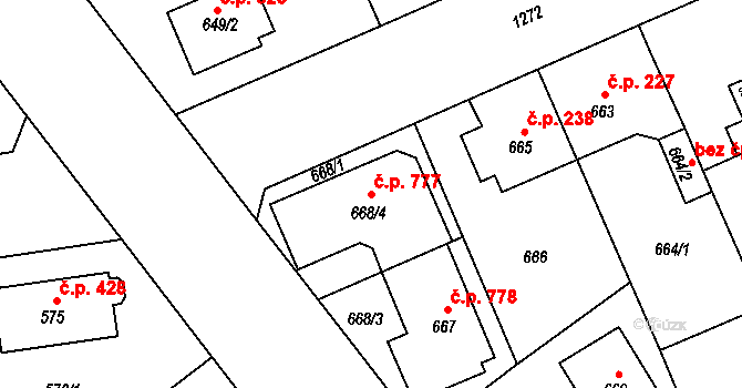 Černice 777, Plzeň na parcele st. 668/4 v KÚ Hradiště u Plzně, Katastrální mapa