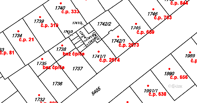 Východní Předměstí 2674, Plzeň na parcele st. 1741/1 v KÚ Plzeň, Katastrální mapa
