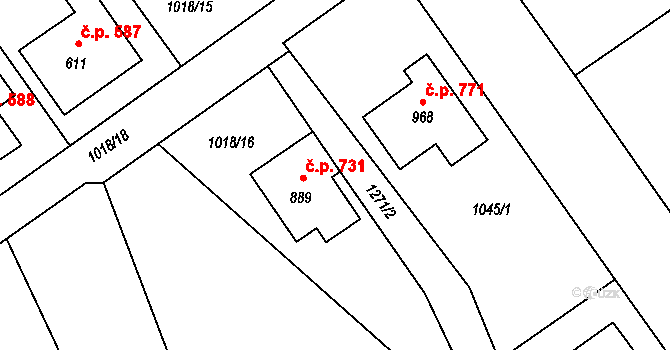 Mořkov 731 na parcele st. 889 v KÚ Mořkov, Katastrální mapa