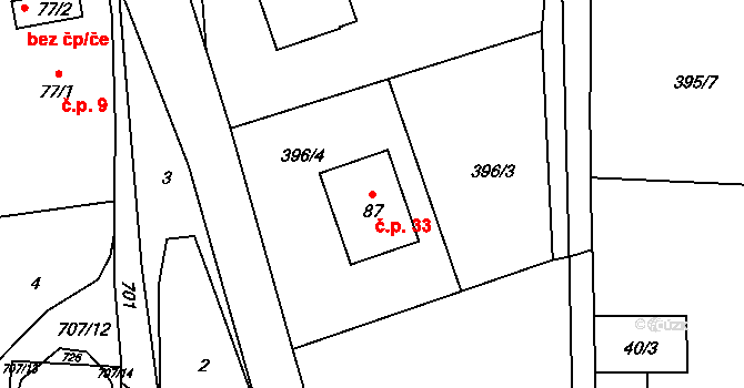 Javorek 33 na parcele st. 87 v KÚ Javorek, Katastrální mapa
