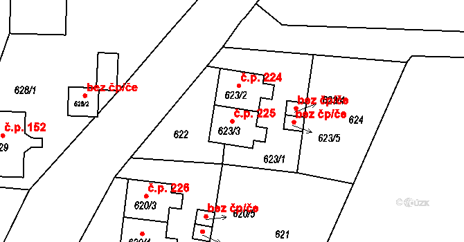 Strahovice 225 na parcele st. 623/3 v KÚ Strahovice, Katastrální mapa