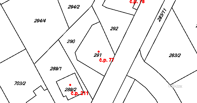 Chuchelná 77 na parcele st. 291 v KÚ Chuchelná, Katastrální mapa