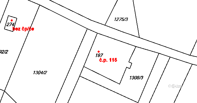 Medlovice 115 na parcele st. 197 v KÚ Medlovice u Uherského Hradiště, Katastrální mapa