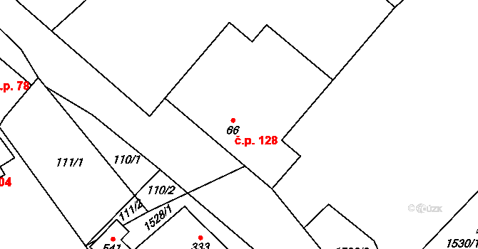 Krouna 128 na parcele st. 66 v KÚ Krouna, Katastrální mapa