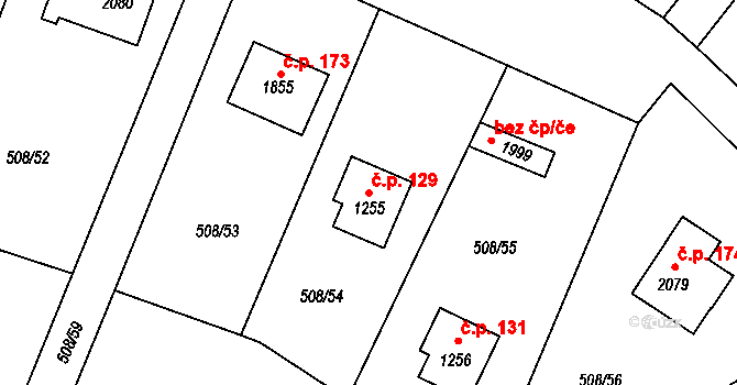 Hradištko 129 na parcele st. 1255 v KÚ Hradištko pod Medníkem, Katastrální mapa