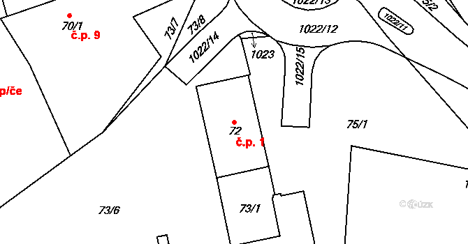 Blížejov 1 na parcele st. 72 v KÚ Blížejov, Katastrální mapa