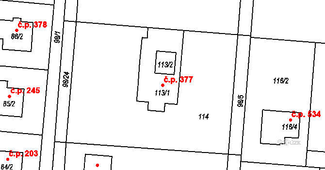 Tichá 377 na parcele st. 113/1 v KÚ Tichá na Moravě, Katastrální mapa