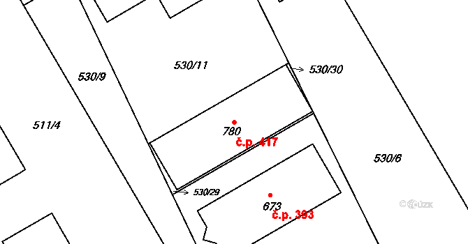 Louky 417, Zlín na parcele st. 780 v KÚ Louky nad Dřevnicí, Katastrální mapa