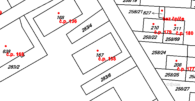 Loučovice 135 na parcele st. 167 v KÚ Loučovice, Katastrální mapa