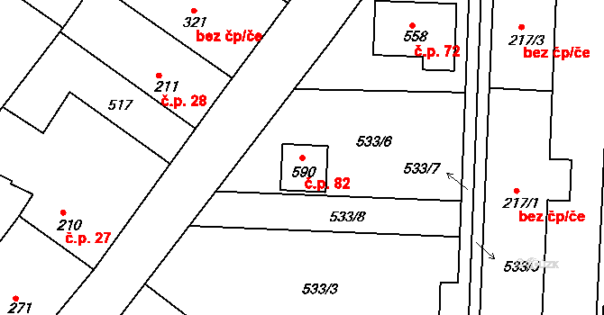 Pavlov 82 na parcele st. 590 v KÚ Pavlov u Unhoště, Katastrální mapa